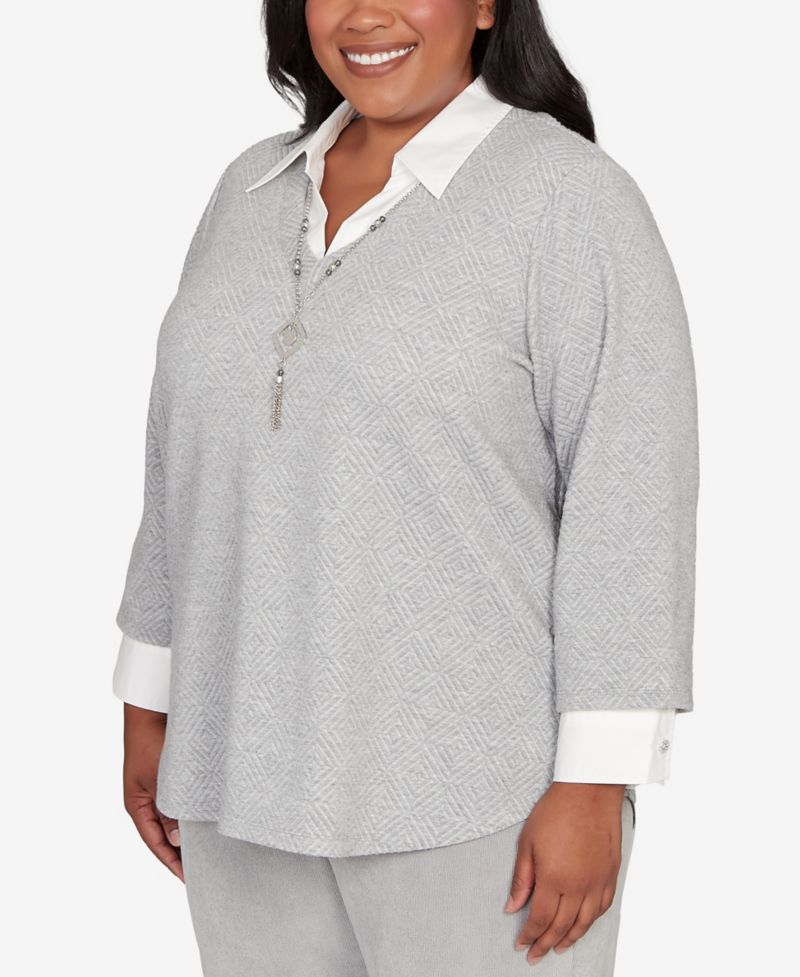 Plus Size Stockbridge Diamond Jacquard Two In One Top With Necklace