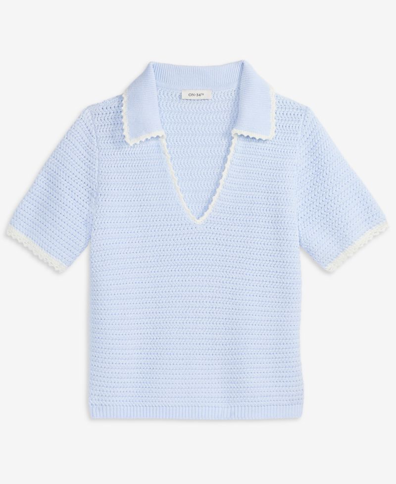 Women's Collared Short-Sleeve Crochet Sweater
