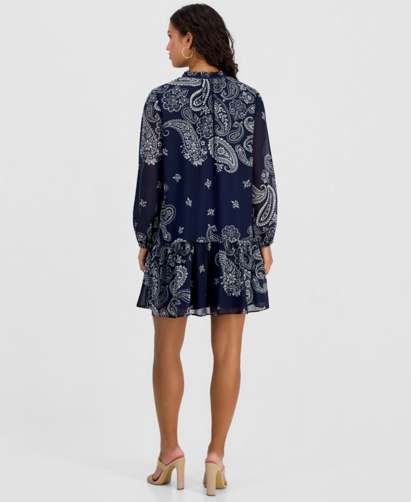Petite Printed Chiffon Tie-Neck Tiered Dress