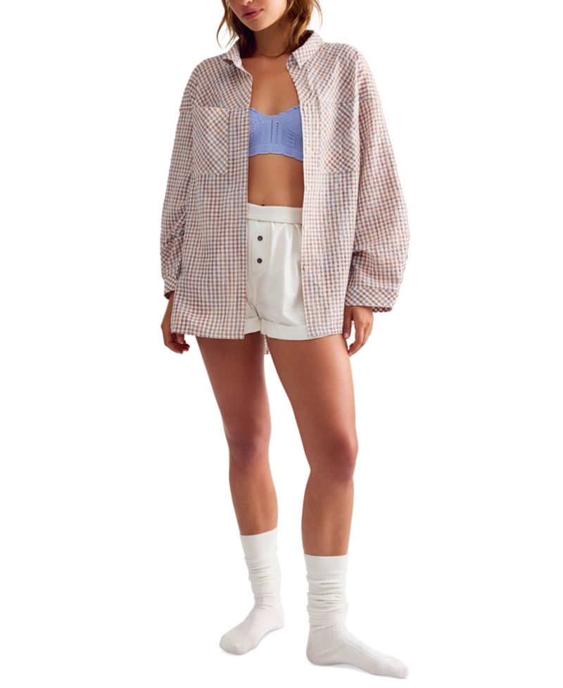 Women's Cross My Heart Gingham Long-Sleeve Relaxed-Fit Sleep Shirt