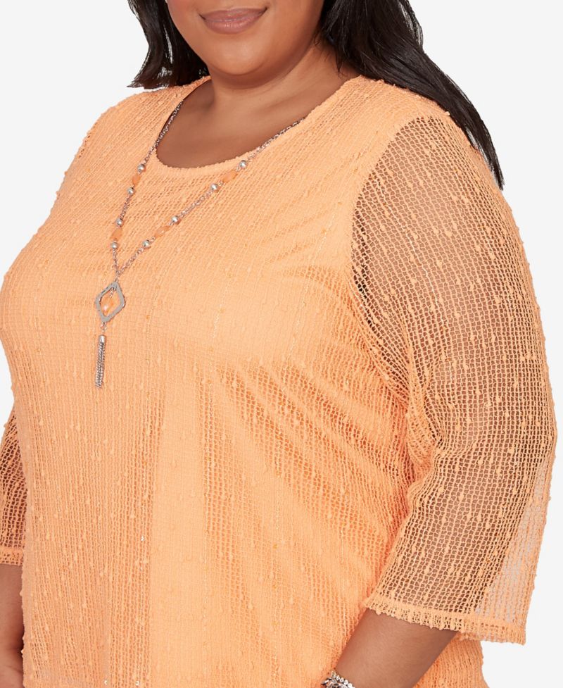 Plus Size Beachcomber Bright Popcorn Mesh Top with Necklace