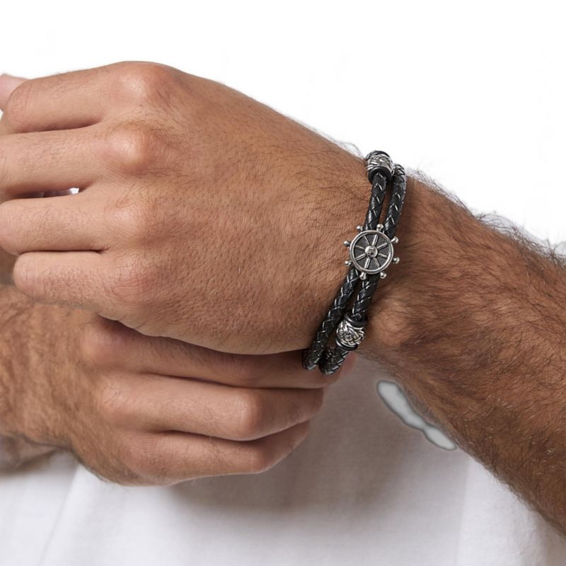 Mens Nautical Wheel Black Braided Bracelet