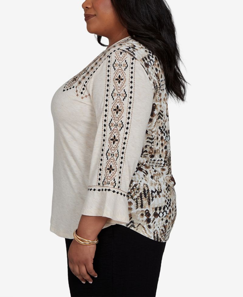 Plus Size Women's Travel Advisory 3/4-Sleeve Geometric-Embroidered Printed-Back Top