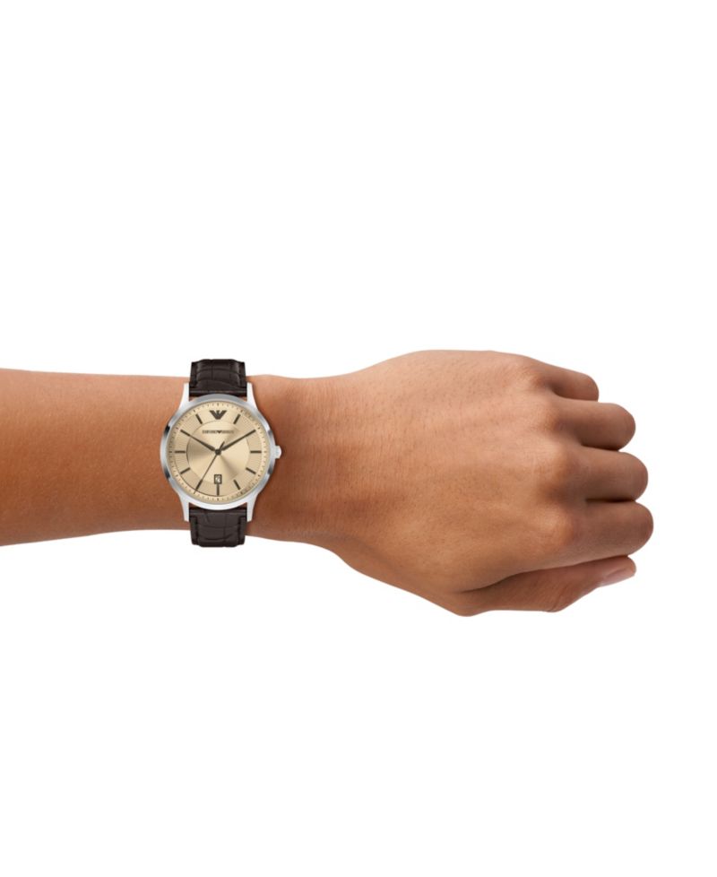 Men's Quartz Three-Hand Brown Leather Watch, 43mm