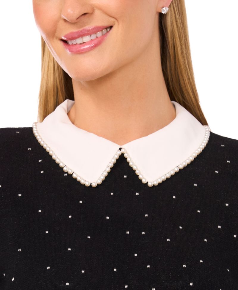Women's Imitation Pearl Collar Crewneck Polka Dot Sweater