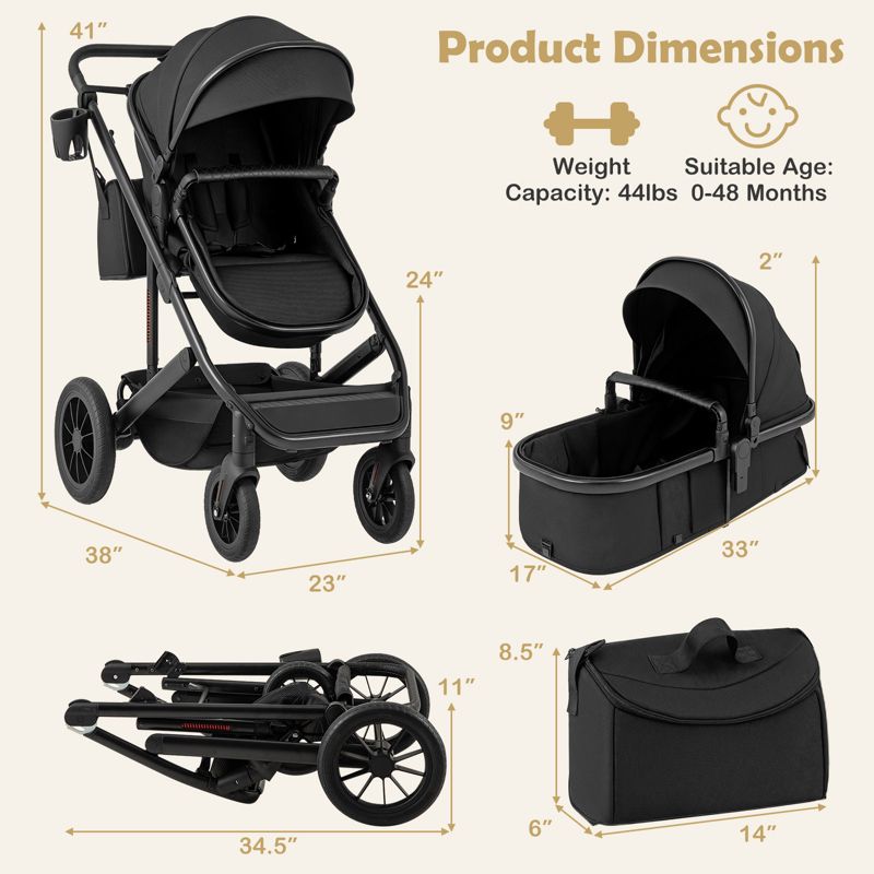 3-in-1 Baby Stroller with Detachable Bassinet and Convertible Seat for Newborns