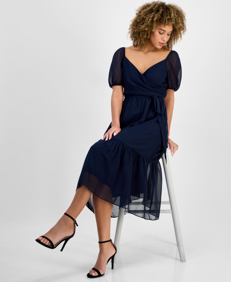 Women's Puff-Sleeve Belted Midi Dress