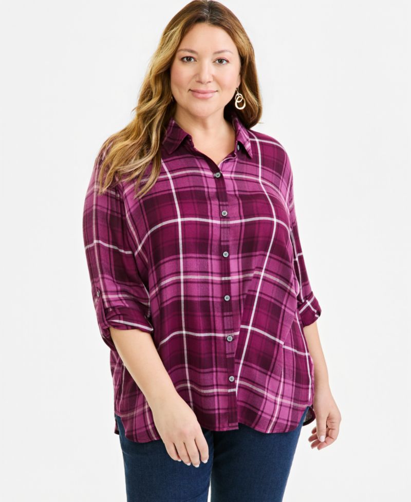 Plus Plaid Oversized Roll-Tab Button-Front Shirt