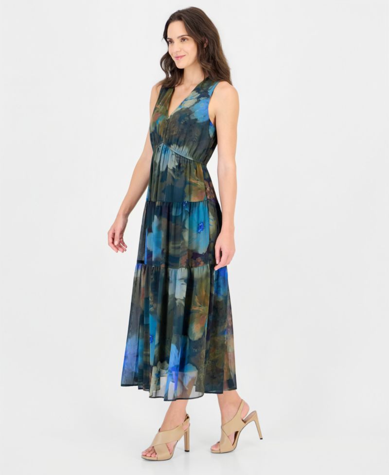 Women's Sl Tiered Maxi Sleeveless V-Neck Floral-Print Dress