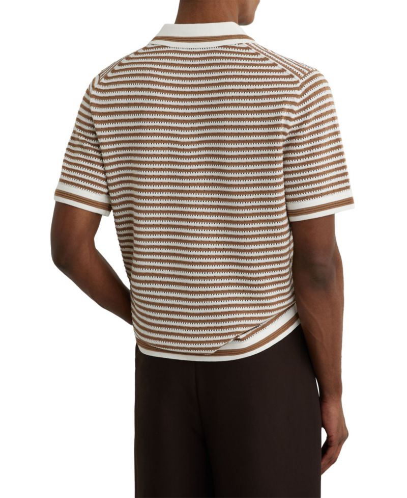Men's Carl Ford Textured Stripe Linen Blend Open Neck Polo Shirt