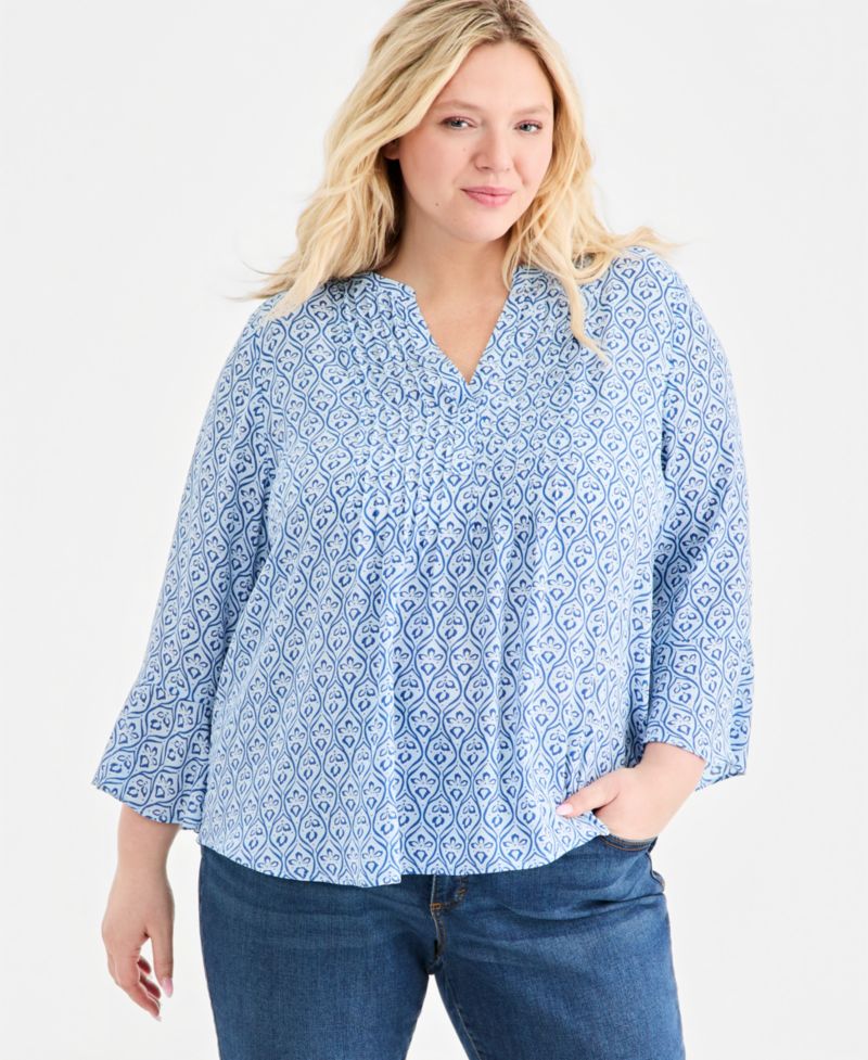 Plus Size Printed Pintuck Bell-Sleeve Top
