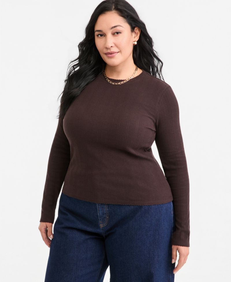 Plus Size Long-Sleeve Pointelle Cropped Meet & Greet T-Shirt