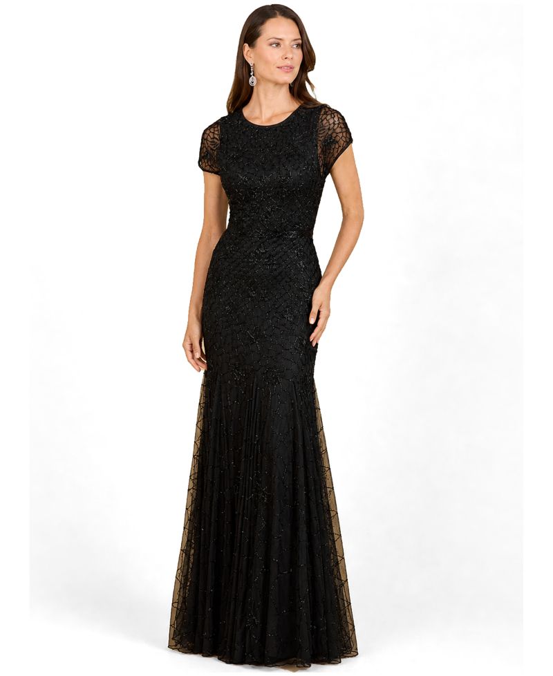 Women's Beaded Mermaid Cap Sleeve Gown