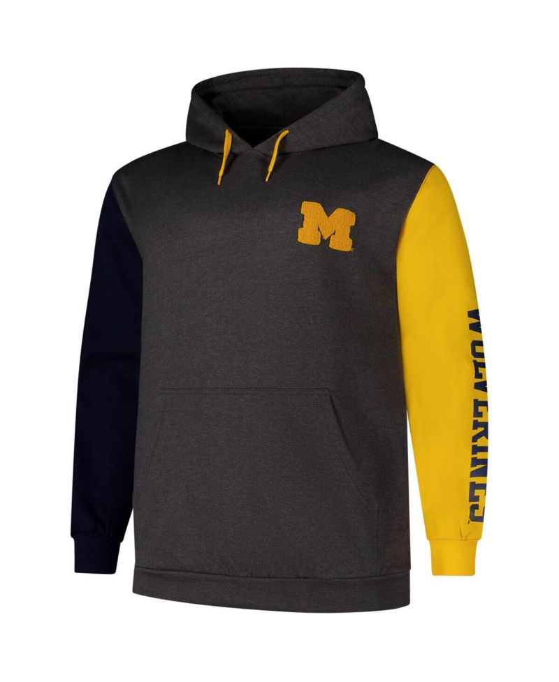 Men's Charcoal Michigan Wolverines Big & Tall Contrast Sleeves Pullover Hoodie