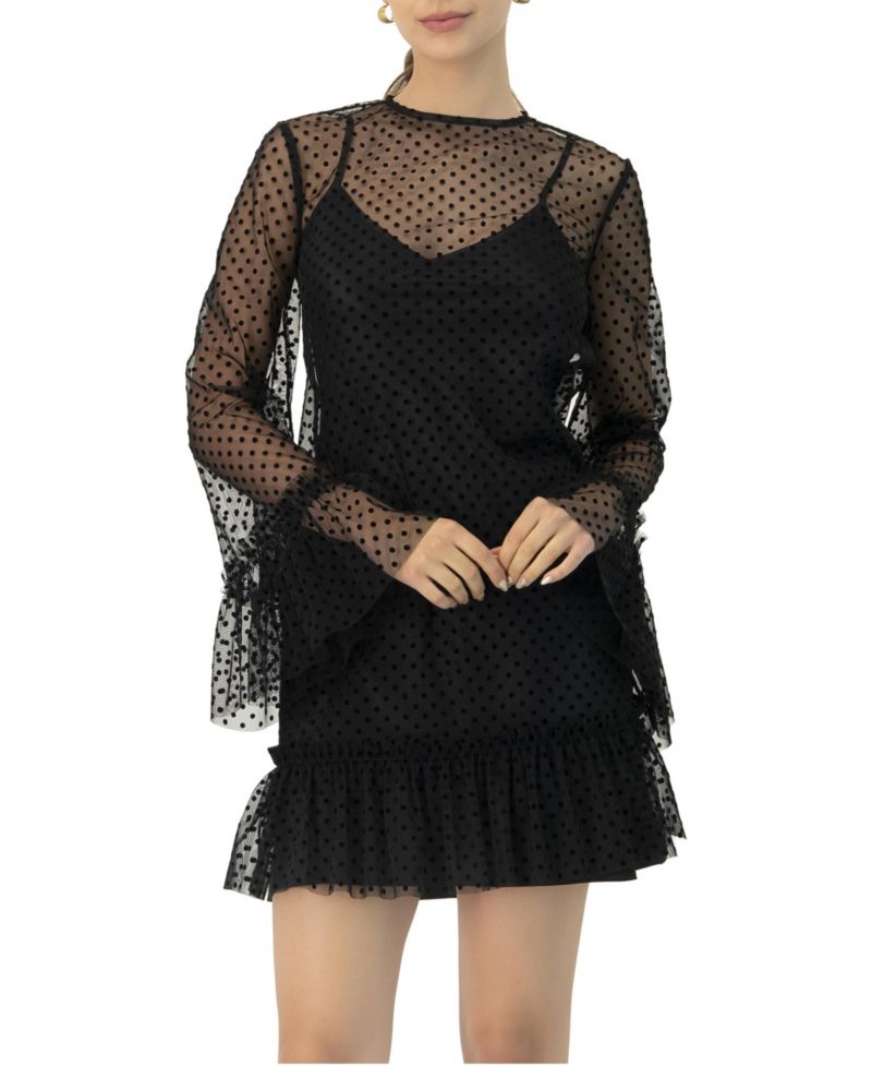 Women's Flocked Polka Dot Short Dress with Wide Long Sleeves