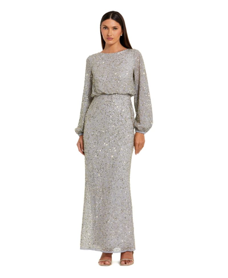 Women's Beaded Mesh Blouson Sleeve Evening Gown