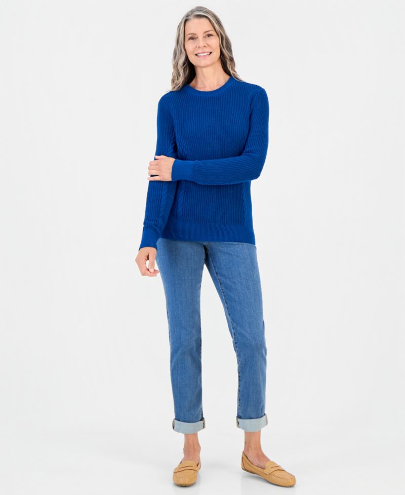 Petite Mixed Rib Cable-Knit Cotton Crewneck Pullover