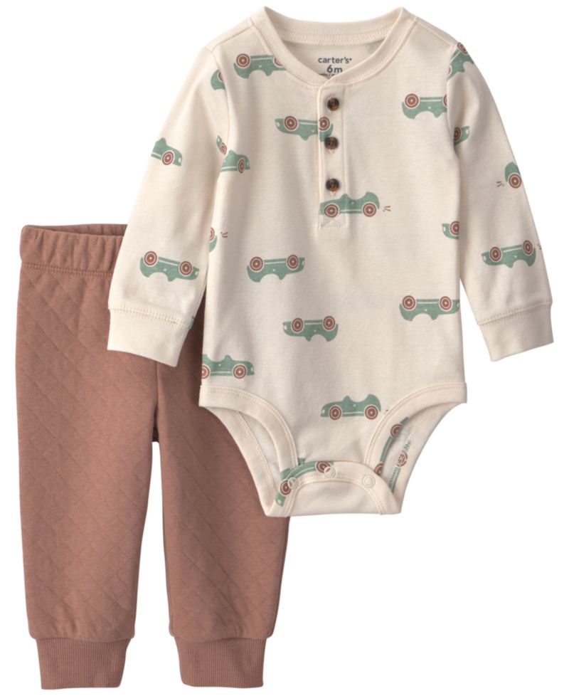 Baby Boys' Car Patterned Long-Sleeve Bodysuit and Pants, 2-Piece Set