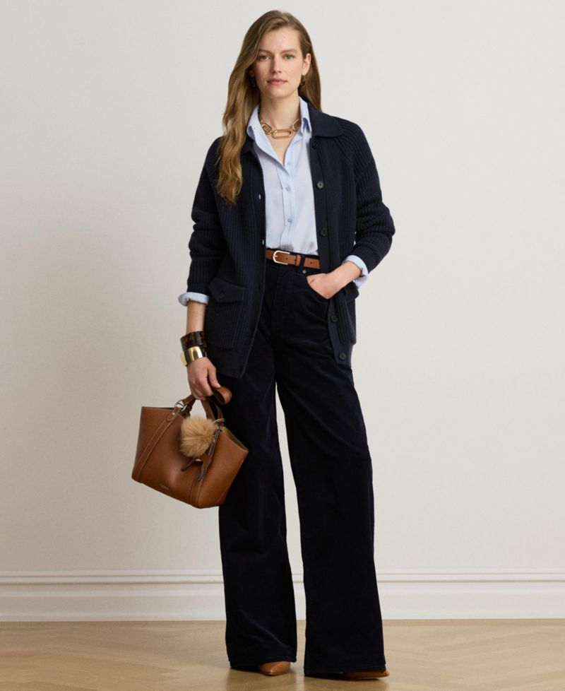 Women's Wool-Blend Rib-Knit Spread Collar Cardigan