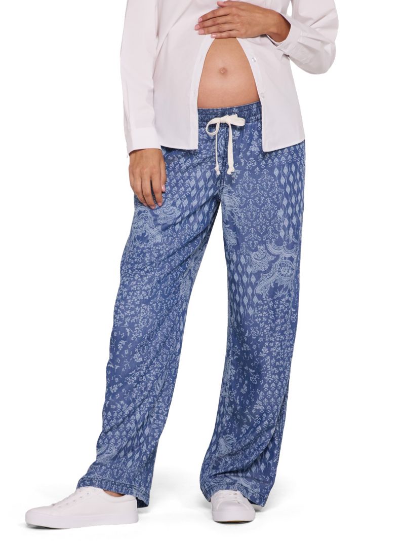 Women's Motherhood Under the Belly Tie Waist Denim Wide Leg Pant