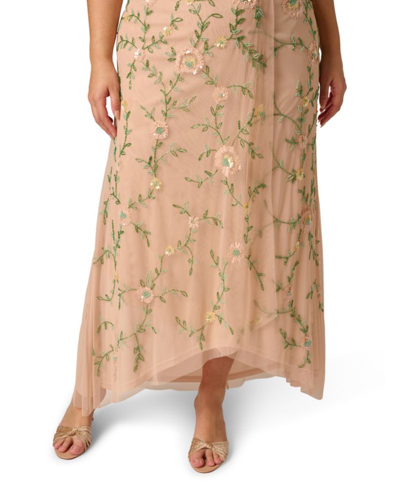 Petite V-Neck Beaded Mesh Gown