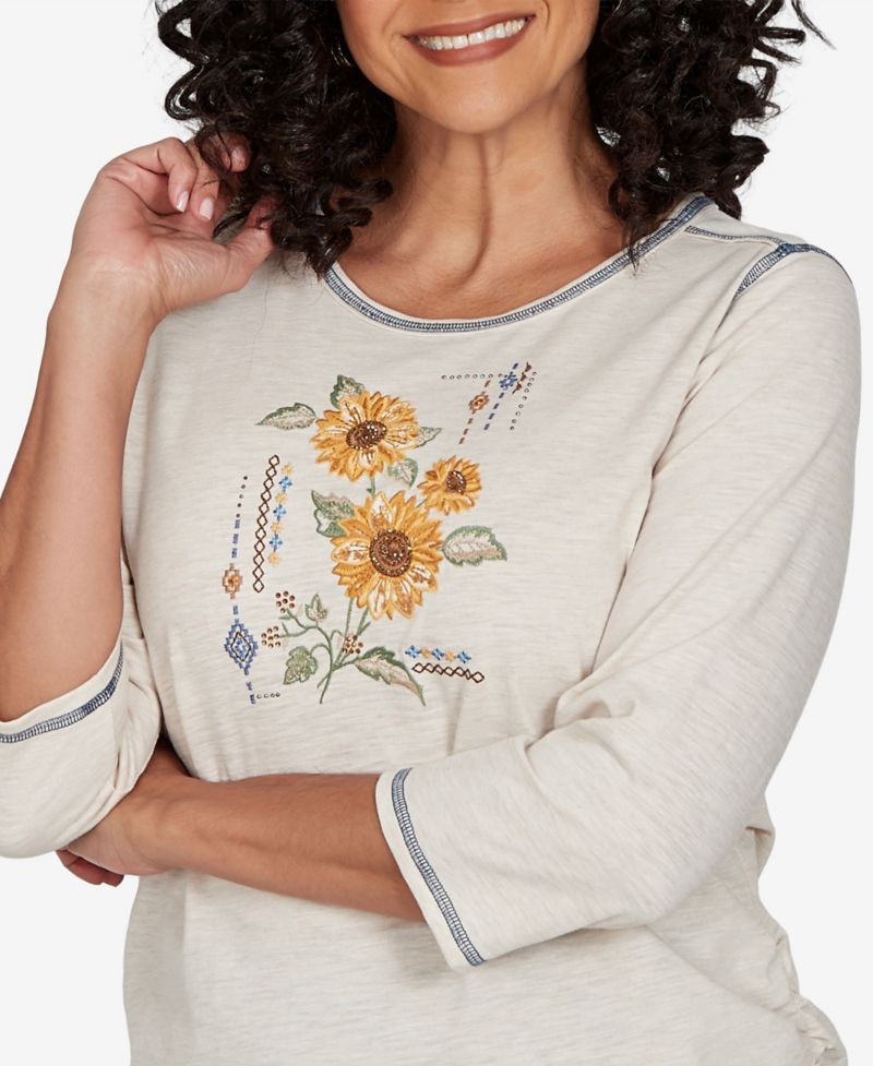 Petite Sunflower-Embroidery Crewneck 3/4-Sleeve Cotton-Blend T-Shirt