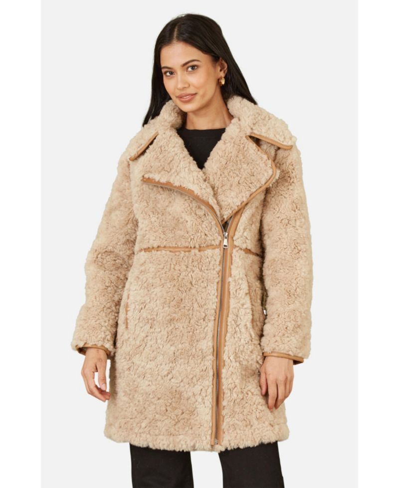 Women's Textured Borg Long Line Biker Coat