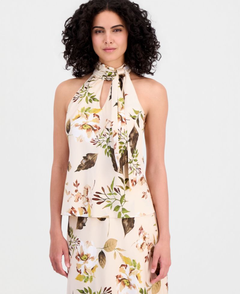 Women's Sleeveless Floral Tie-Neck Top