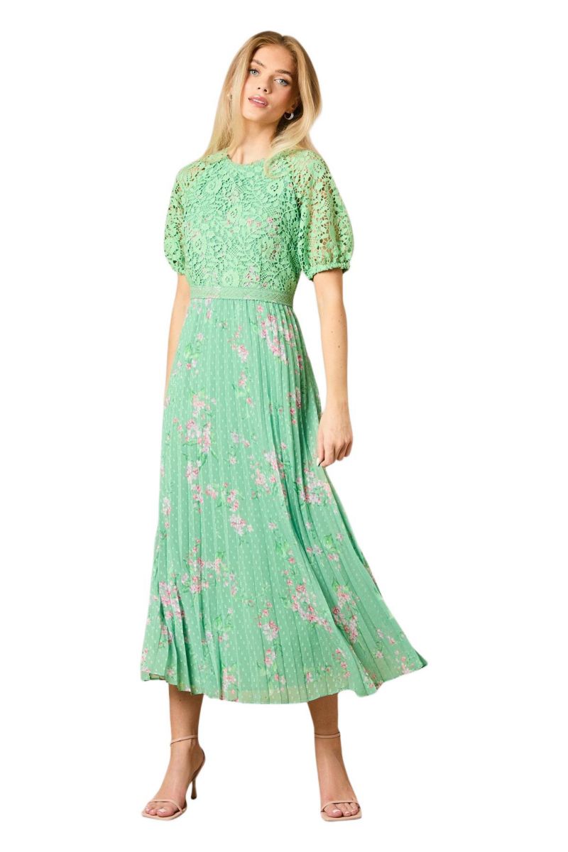 Women's Floral Lace Bodice Pleated Midi Dress