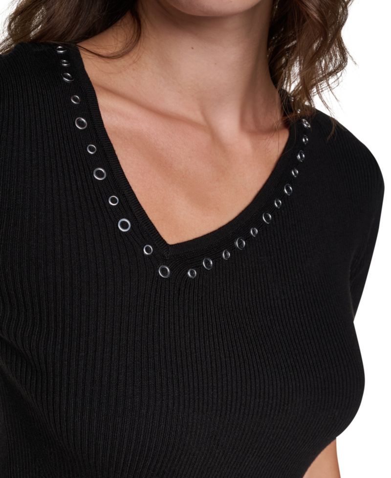 Women's Asymmetrical V-Neck Studded Ribbed-Knit Pullover Sweater
