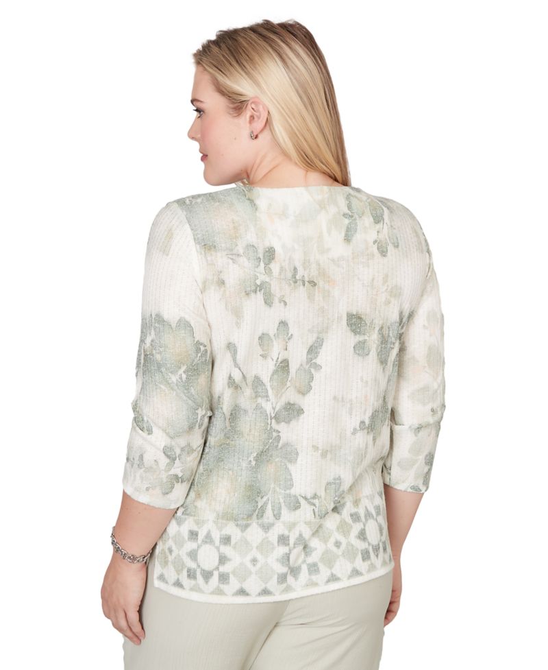 Petite Charm Floral Tonal Border Embellished Crew Neck Top