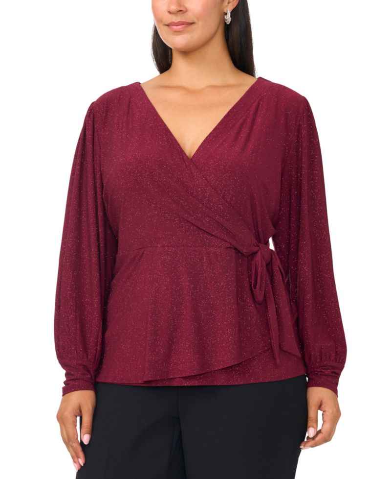 Plus Size Faraj Faux-Wrap Metallic Long-Sleeve Top