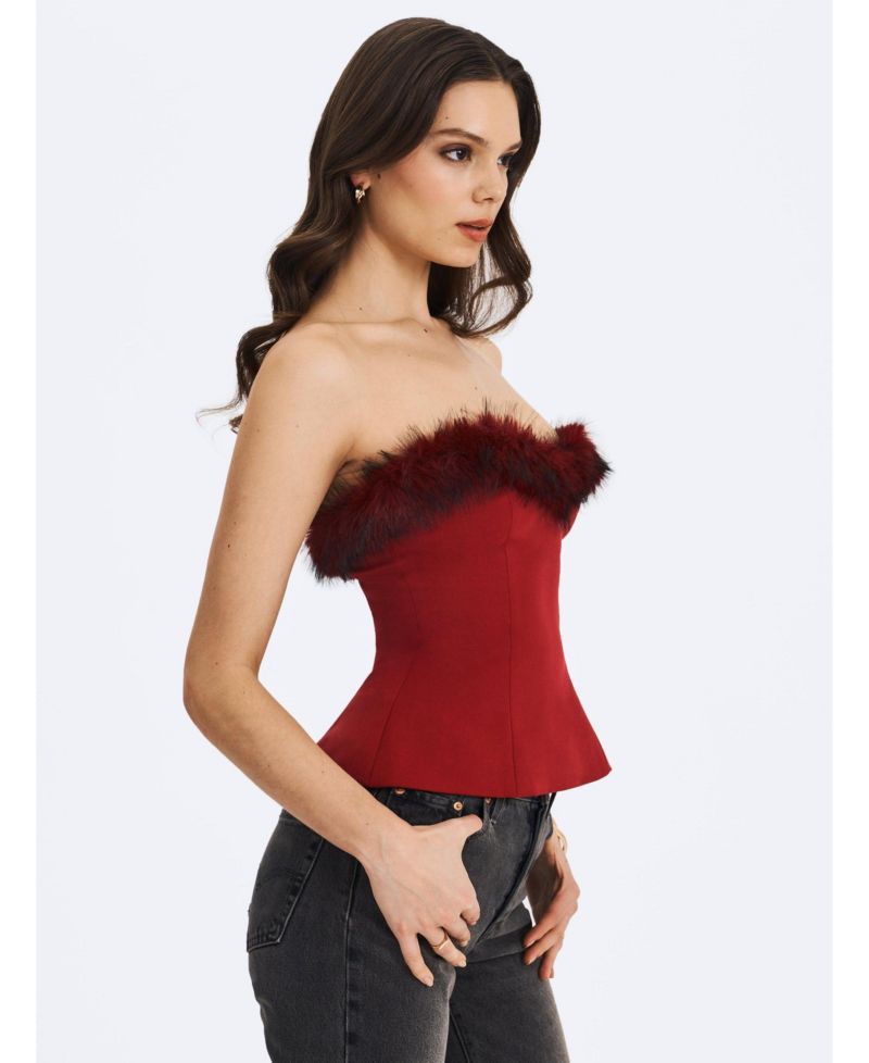 Women's Ivette Crimson Fur-Trimmed Peplum Top