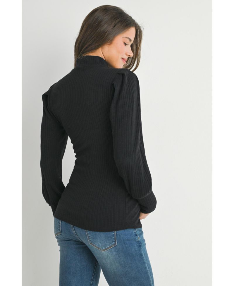 Women's Ribbed Mock-Neck Puff-Sleeve Top