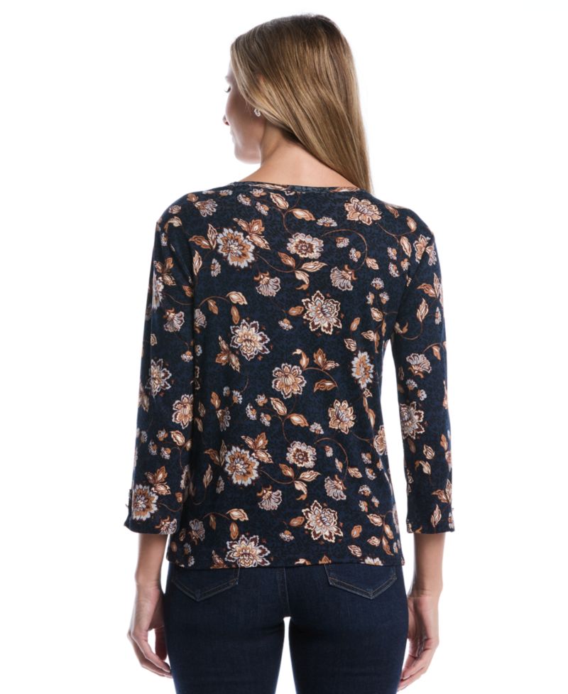 Women's Petite Floral 3/4-Sleeve Rib-Knit T-Shirt