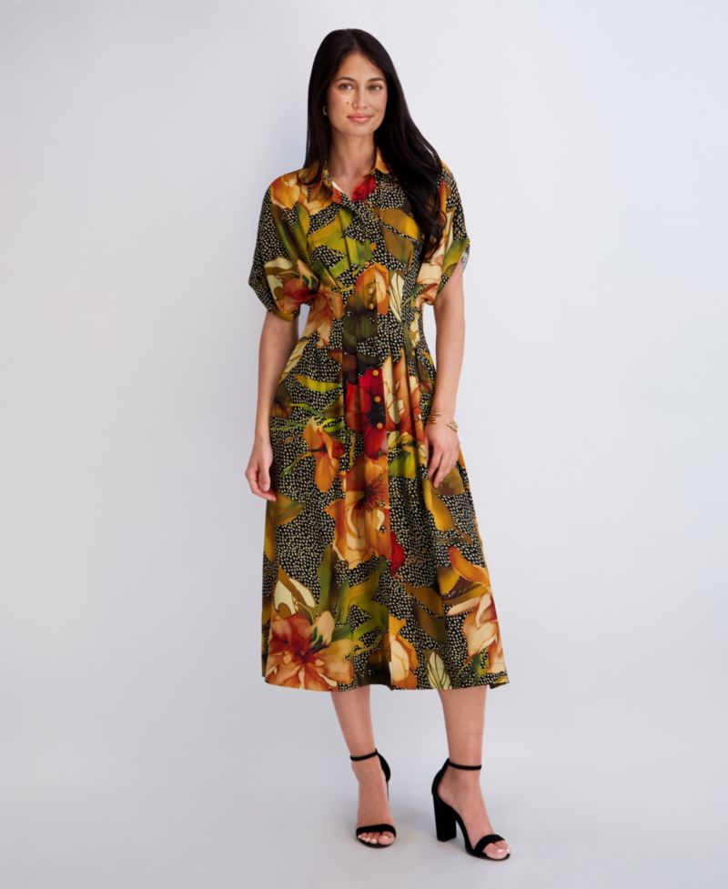 Women's Button-Front Collared Neck Midi Shirt-Dress