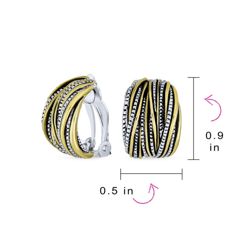 Two-Tone Crossover Stripe Clip On Earrings Wide Oxidized Silver Gold Plated