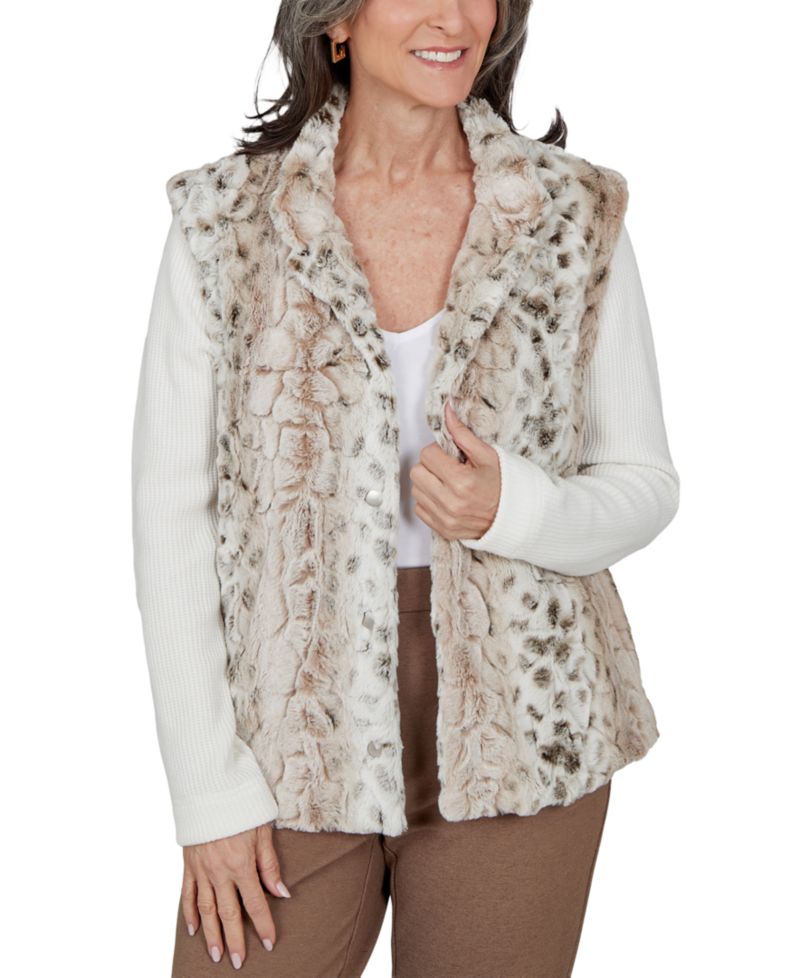 Petite Animal-Print Mandarin-Collar Teddy Jacket