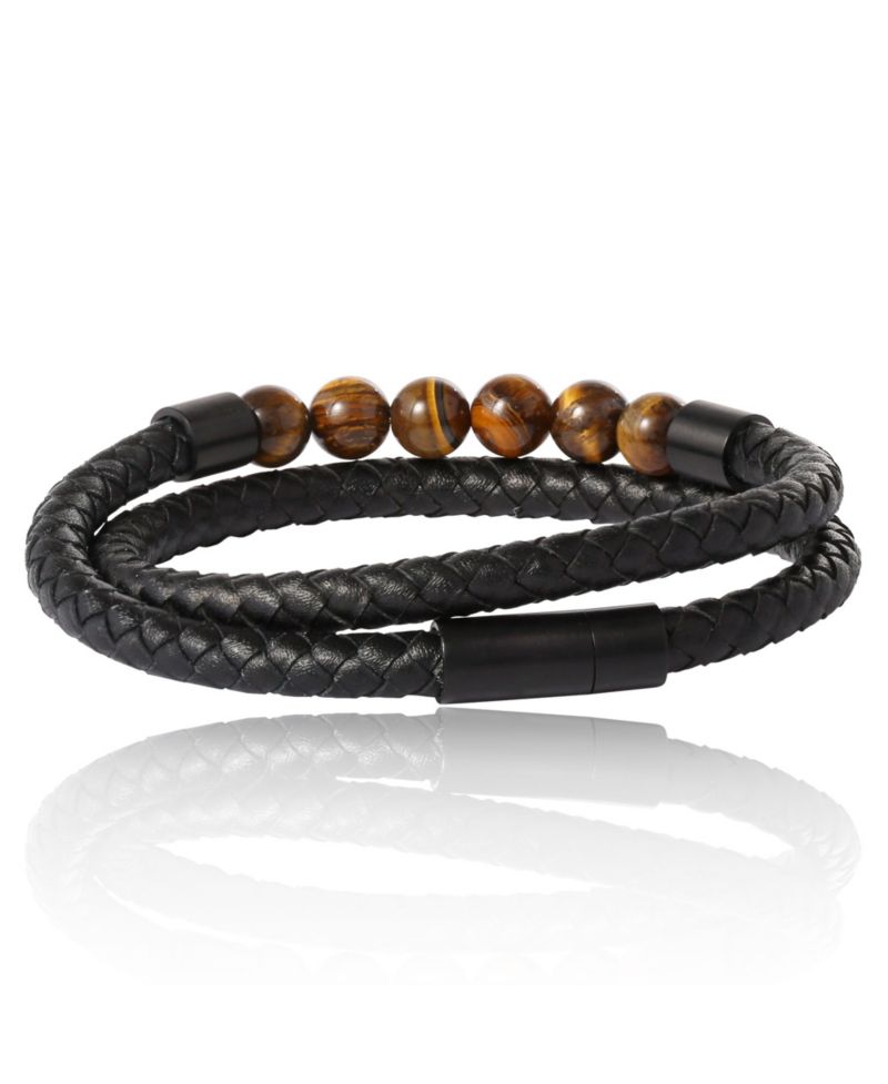 Braided Cord Men's Bracelet with Tiger's Eye Beads, Stainless Steel Bracelet, Male Jewelry