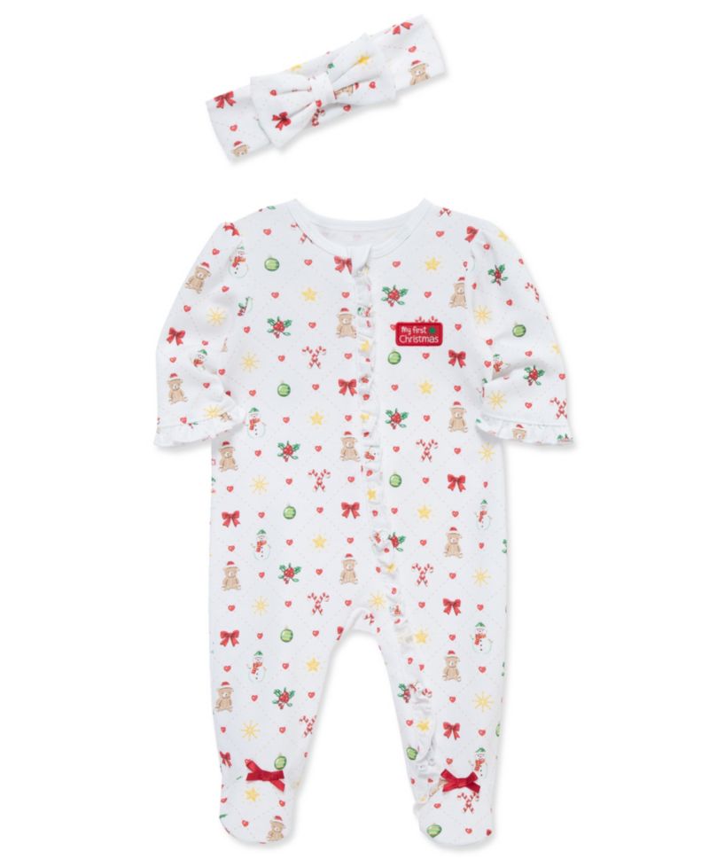 Baby Girls' Festive Printed Footed Coveralls and Headband, 2-Piece Set