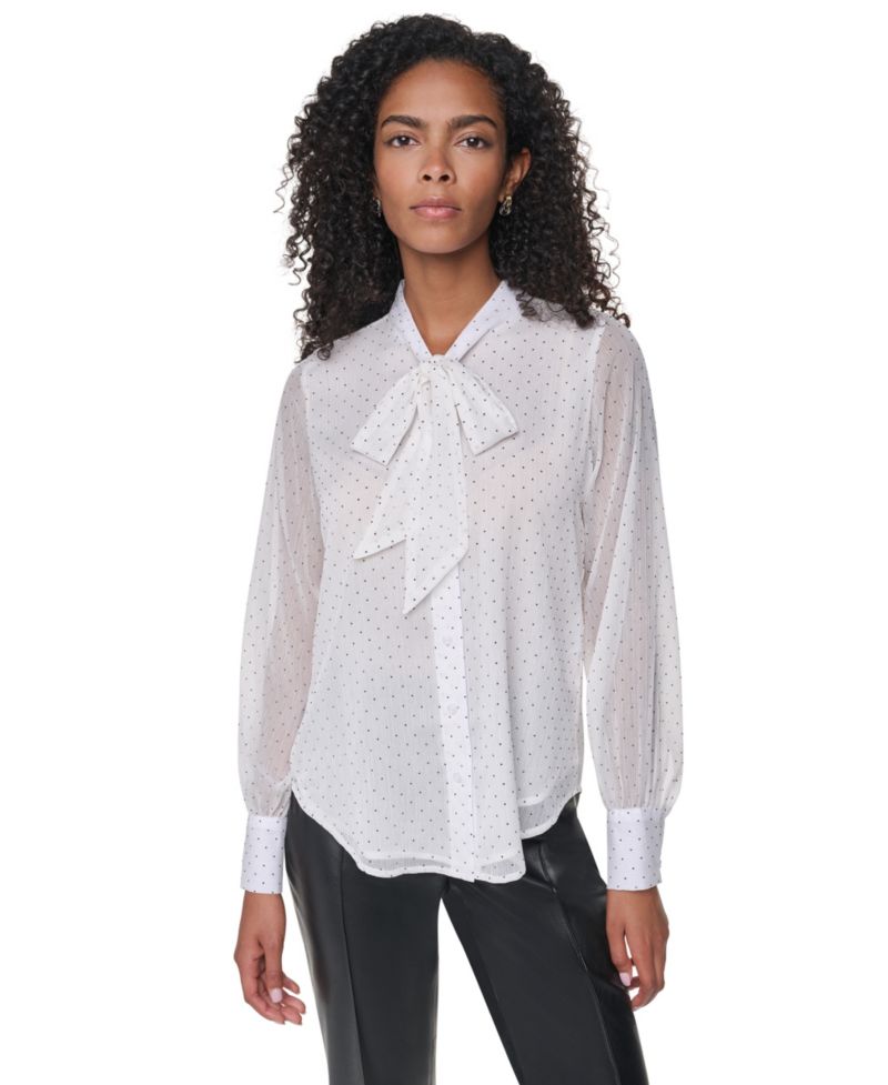 Petite Long-Sleeve Tie-Neck Button-Up Blouse
