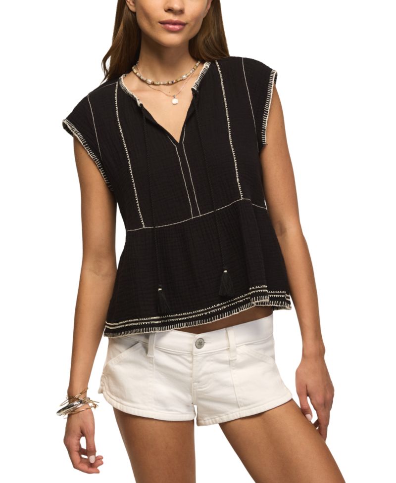 Women's V-Neck Contrast Embroidered Ruffle Top
