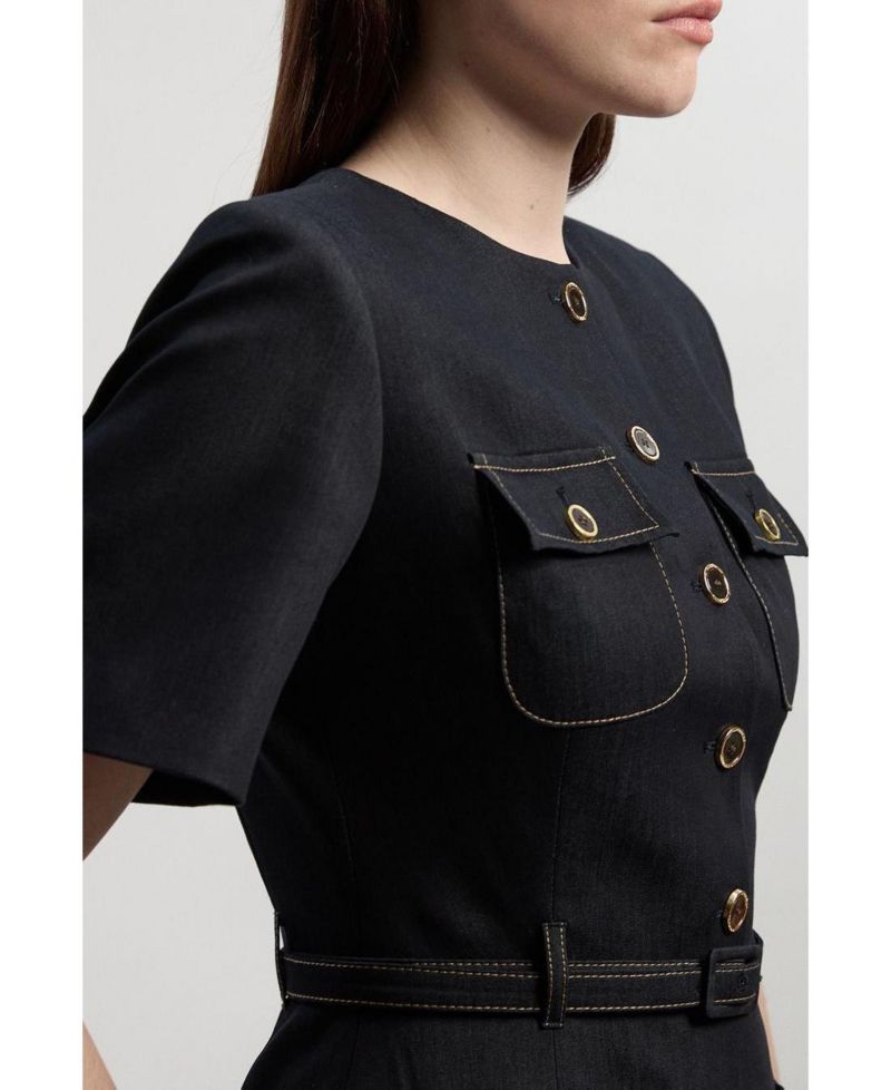 Women's Tailored Denim Belted Midi Dress