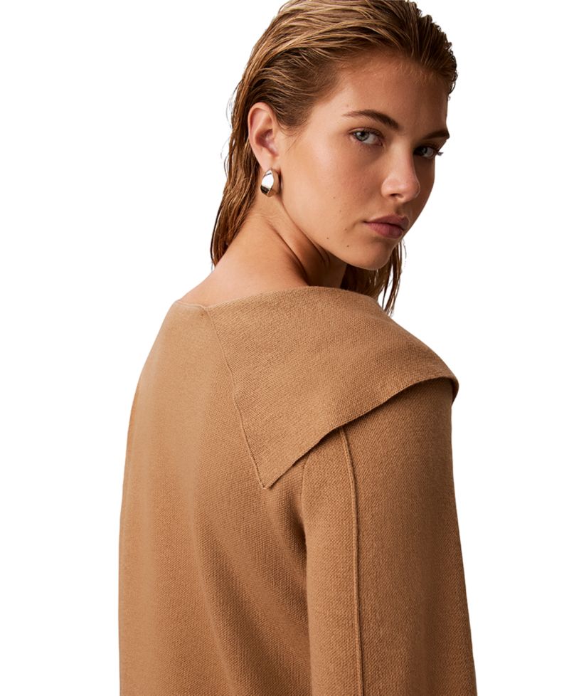 Petite Asymmetrical Drape Boat Neck Long-Sleeve Sweater