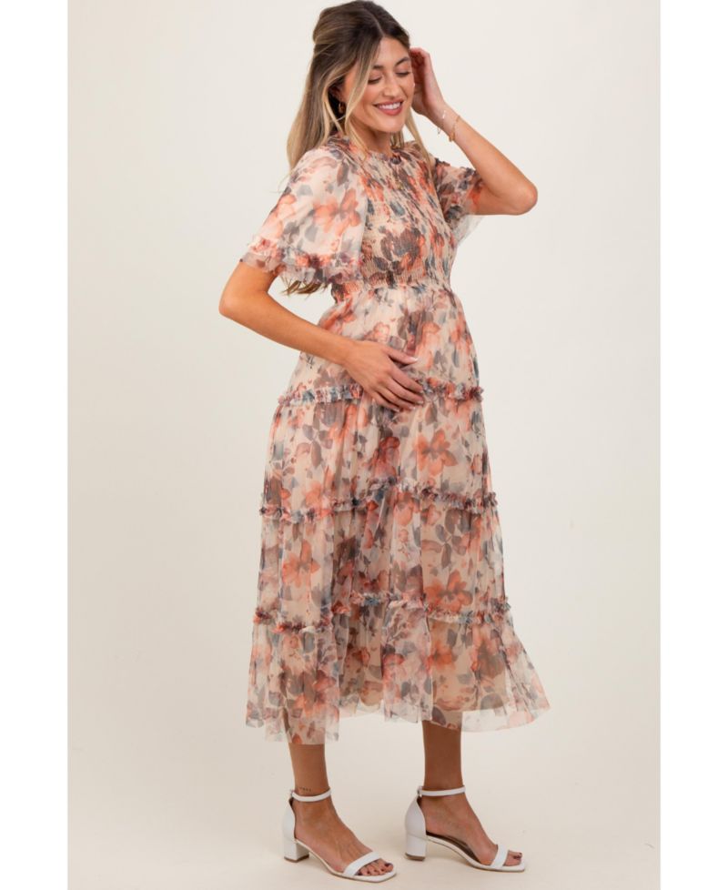 Women's Peach Floral Mesh Smocked Midi Dress