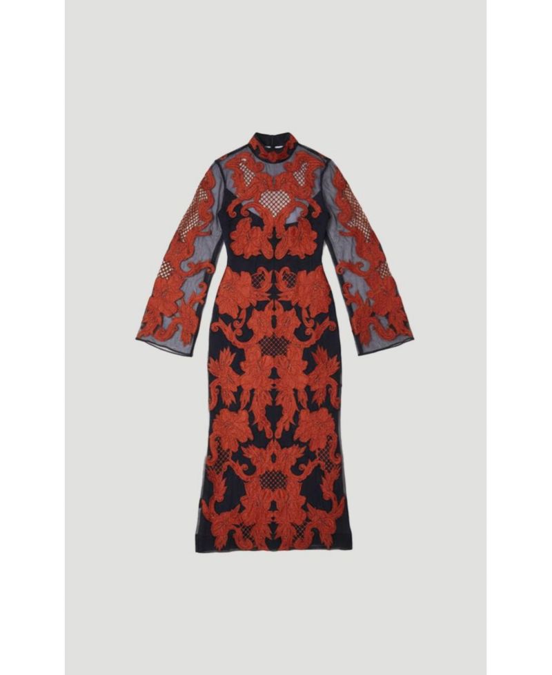 Women's High Neck Embroidered Midi Dress