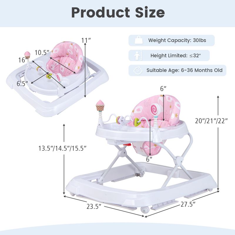 Baby Walker with Adjustable Heights, Foldable Frame, and Removable Seat