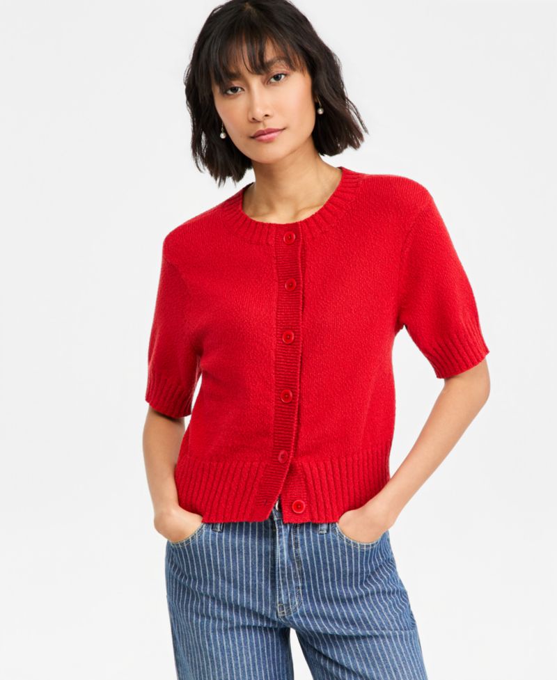 Women's Crewneck Short-Sleeve Textured Button-Front Cardigan