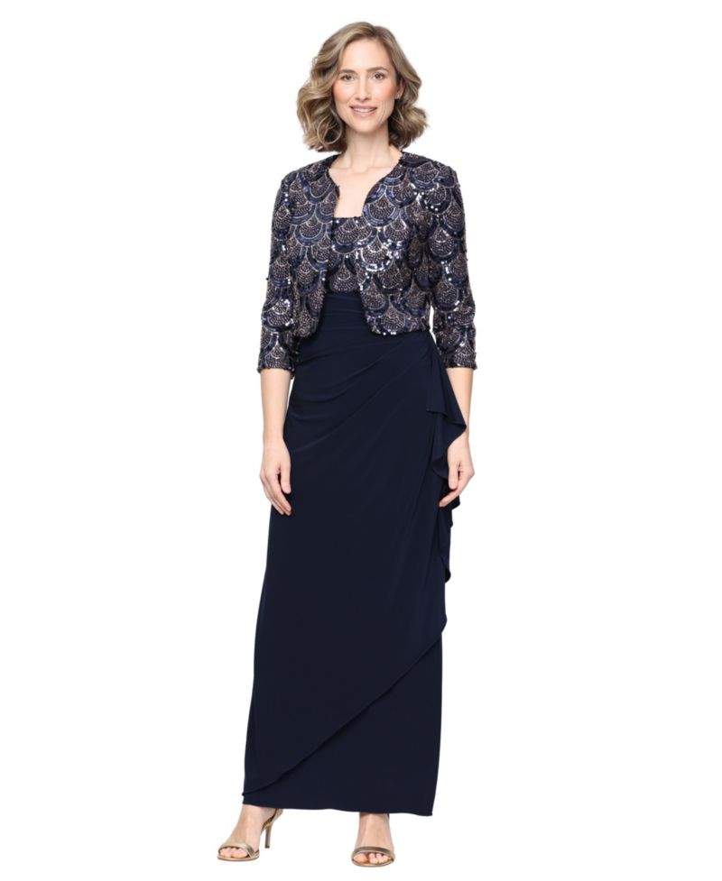 Petite Scoop Neck Empire Waist Sequin Bodice Dress and Bolero Jacket Set