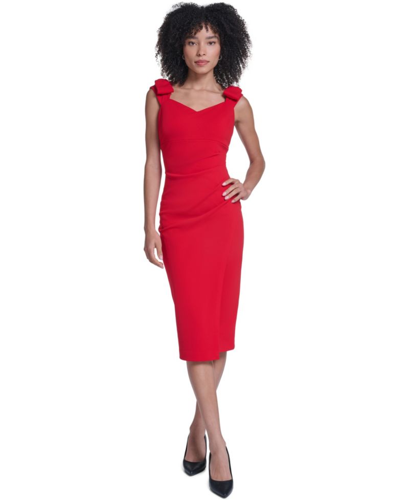 Women's Scuba Crepe Sheath with Bow Straps Sleeveless Knee-Length Dress